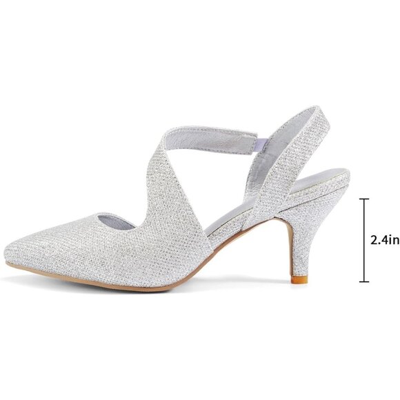 Rhinestone Silver Kitten Low Heel Sparkly Pumps Wedding Dressy Shoes for Women - Picture 2 of 9